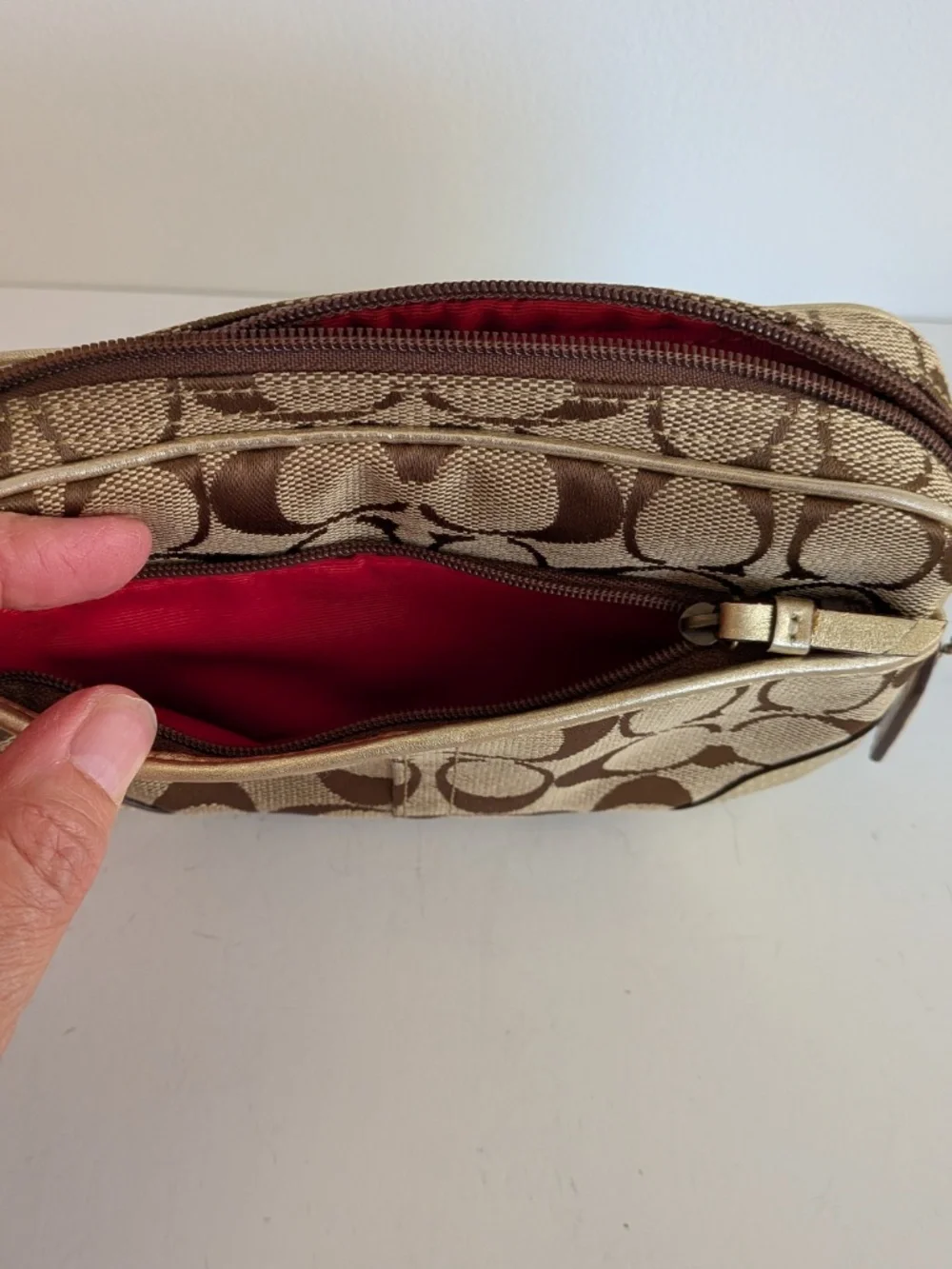 Coach Signature Canvas Waist Belt Bag Pouch Gold Leather Accents